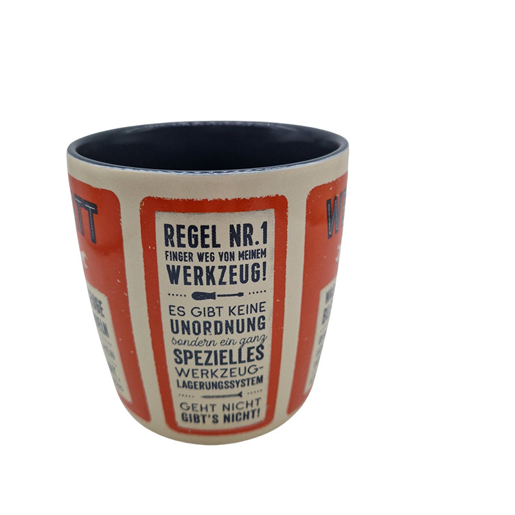 Hochwertige Kaffeetasse „Meine Werkstattregeln“ seitlich 