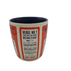 Hochwertige Kaffeetasse „Meine Werkstattregeln“ seitlich 