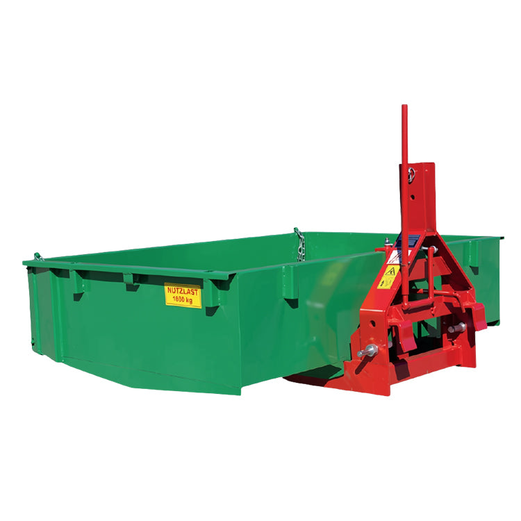 Fritz Kippmulde M125 Grün-Rot RAL 6001 und RAL 3000 – mechanische Heckkiste für Kleintraktor