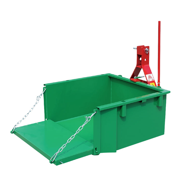 Fritz Kippmulde Mini M60 Grün-Rot – Heckansicht mit abklappbarer Pendelbordwand