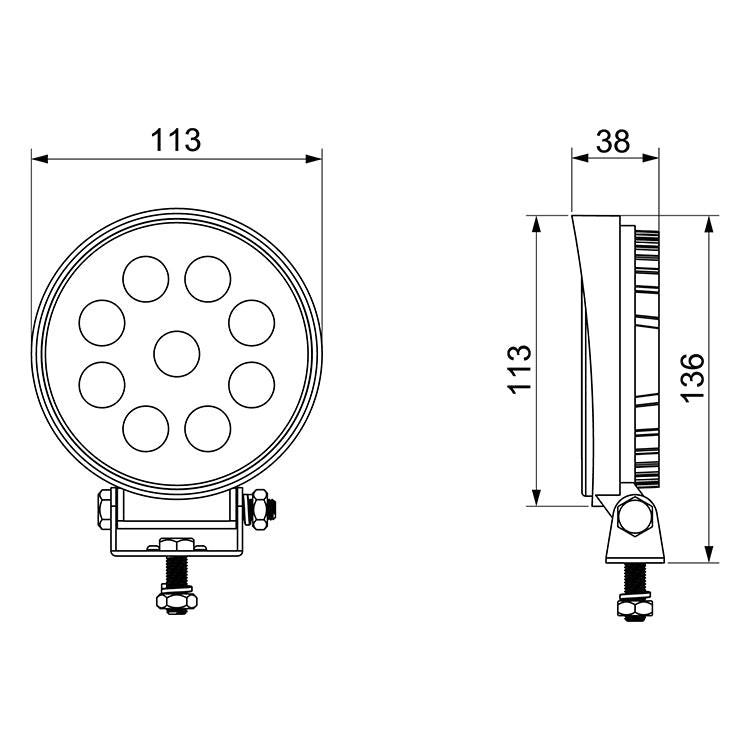 LED Arbeitsscheinwerfer Rund 27 Watt 2100 Lumen Zeichnung 