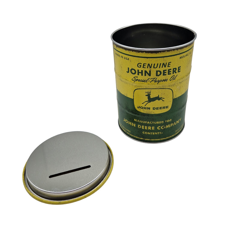 John Deere Spardose im Ölfass-Design geöffnet 